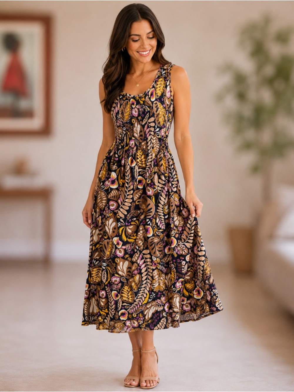 croft & barrow Black Floral Midi Dress with Gold & Pink Accents